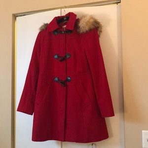 Nautical red toggle coat with fur hood